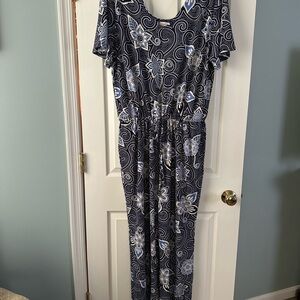 LuLaRoe Xoe Blue and White Jumpsuit with Flutter Sleeves